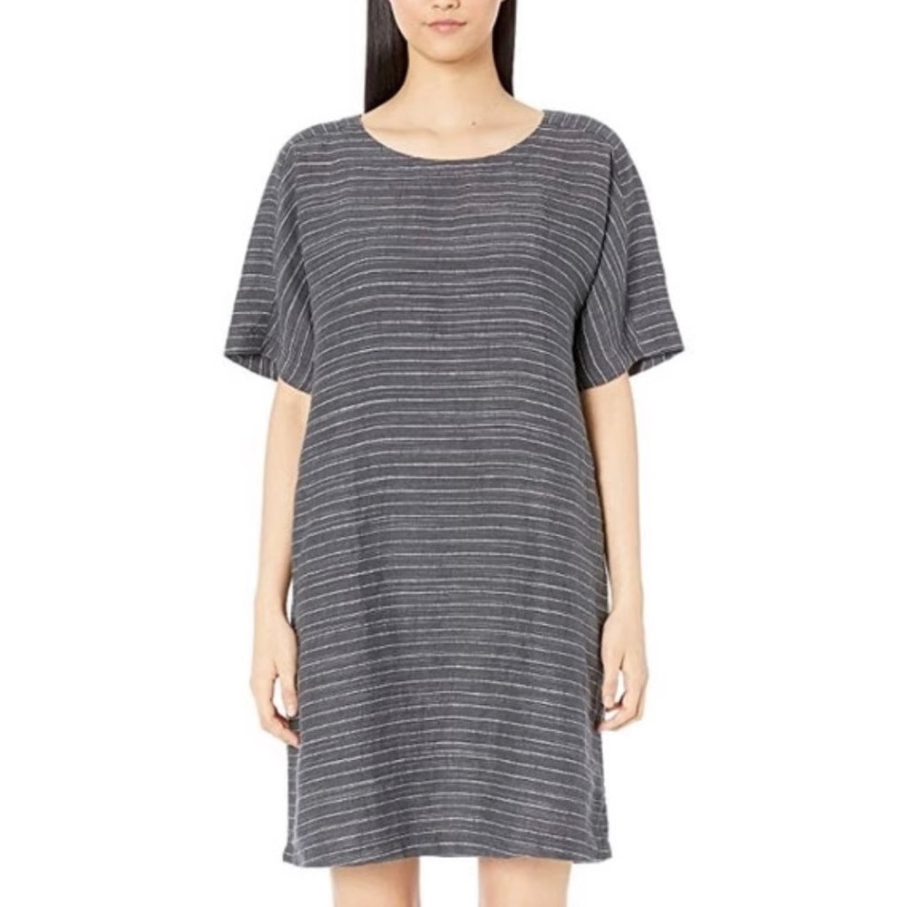 - Eileen fisher organic linen dress in size small in grey stripe
